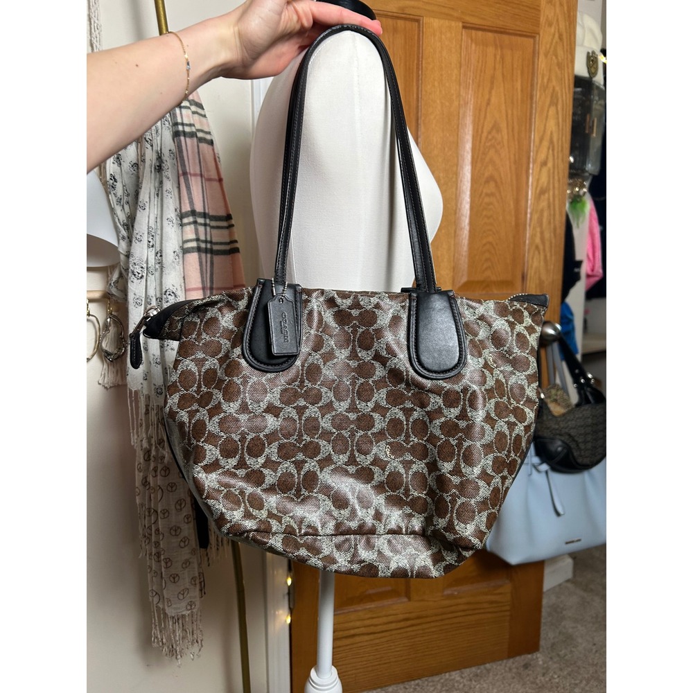 Coach Signature C Monogram Coated Canvas Taxi Tote Bag Brown Black - Picture 11 of 11